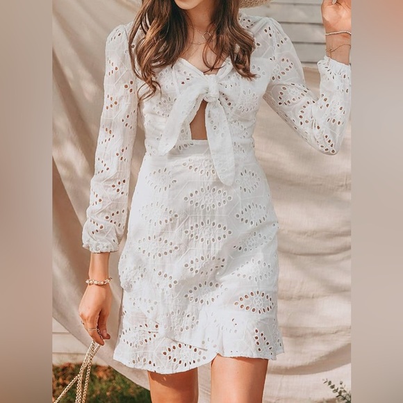Women's Sexy Long Sleeve Lace Ruffle Mini Dress Hollow Out Summer Dress White - Picture 3 of 8